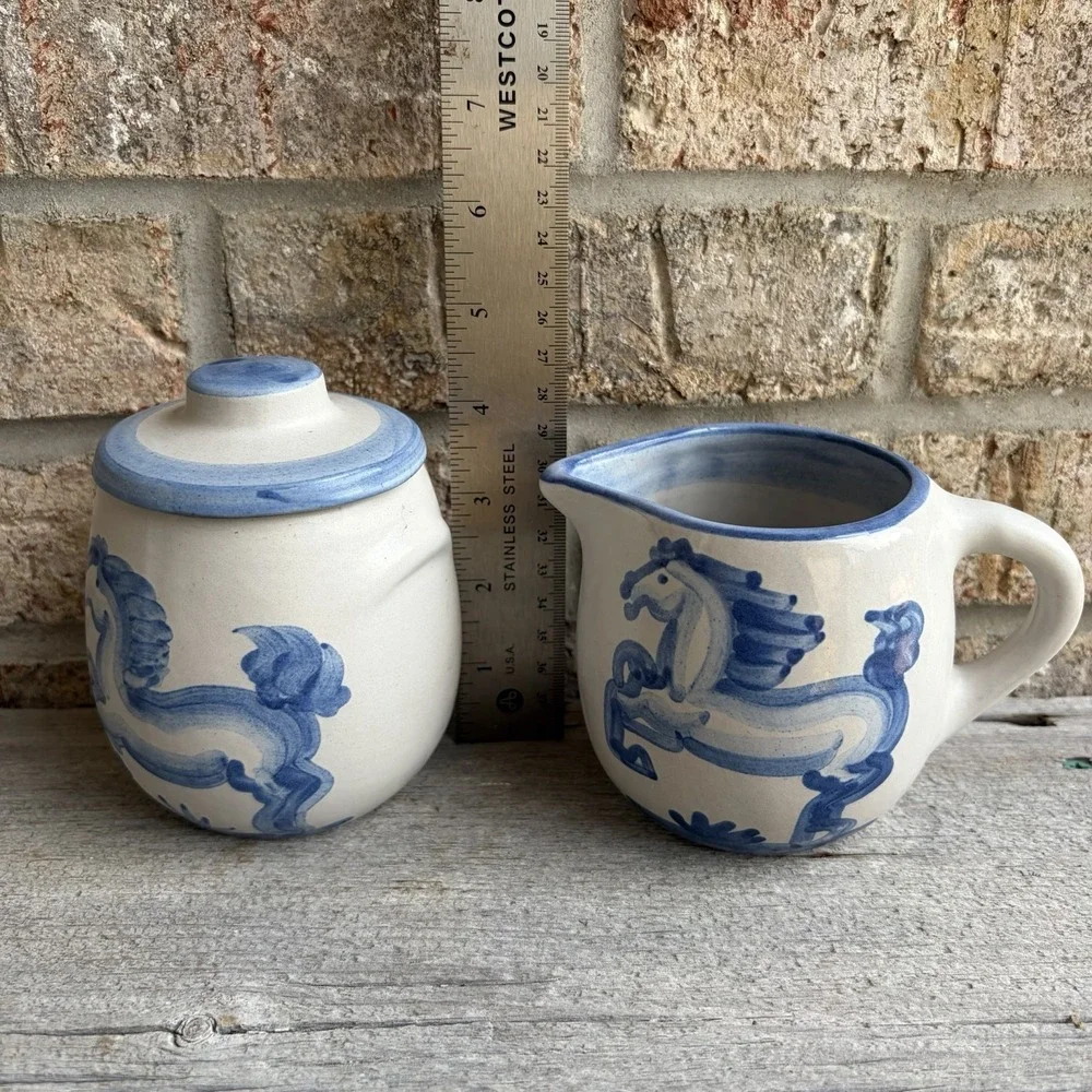 MA Hadley Pottery Prancing Blue Horse Sugar Bowl With Lid & Creamer Oversized